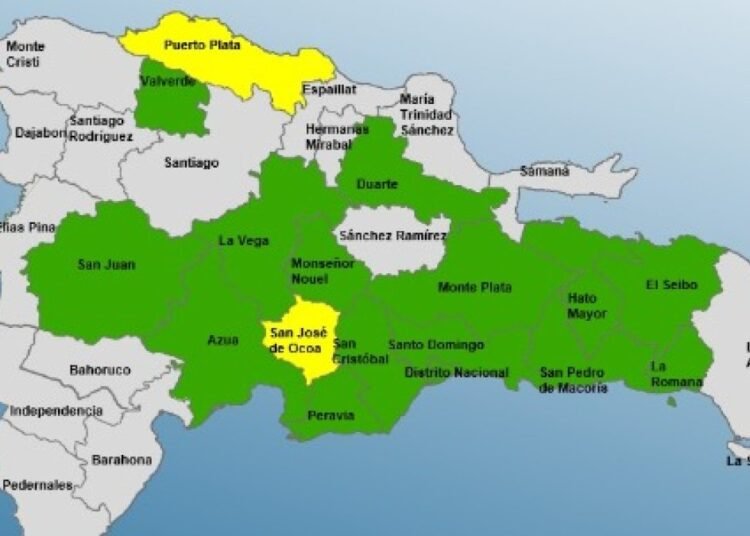 COE eleva a alerta amarilla a Puerto Plata y San José de Ocoa mientras otras 14 provincias permanecen en verde
